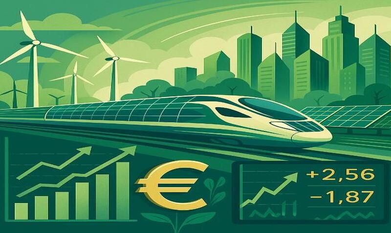 Ein symbolisches Bild zum Thema 'Grüne Finanzierung: Der Markt gibt die Geschwindigkeit vor'. Darstellung einer dynamischen Finanzwelt mit grünen Elementen: Ein Hochgeschwindigkeitszug aus Solarzellen fährt durch eine futuristische Stadt mit Windräde